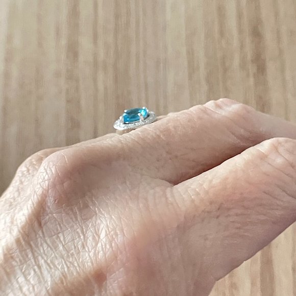 Round Aquamarine Halo Ring w/ Looping Split Shank - 925 Sterling Silver - Picture 5 of 5